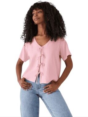 Frank & Oak Pink Tie Front Blouse Linen Blend Short Sleeve Top Women's Medium